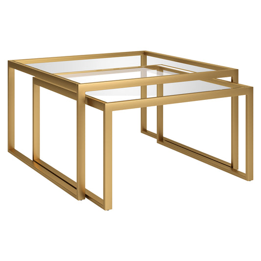 Set of Two 30" Gold Glass And Steel Square Nested Coffee Tables