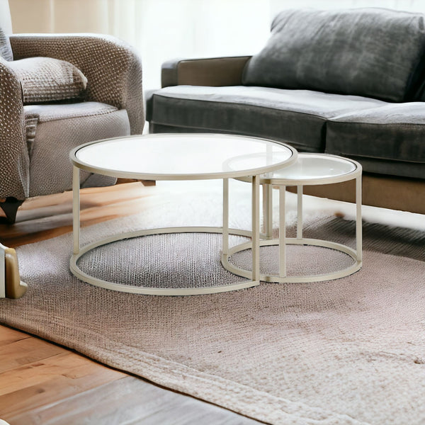 Set of Two 35 Silver Glass And Steel Round Nested Coffee Tables