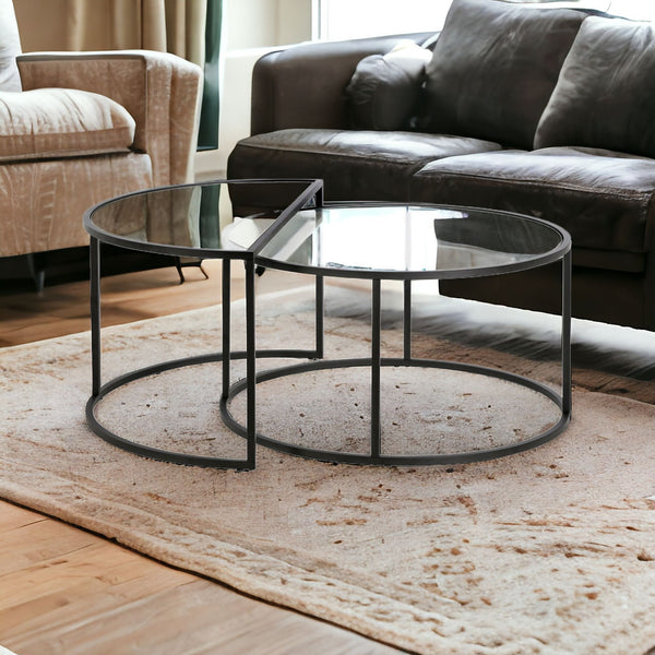 Set of Two 33 Black Glass And Steel Half Circle Nested Coffee Tables