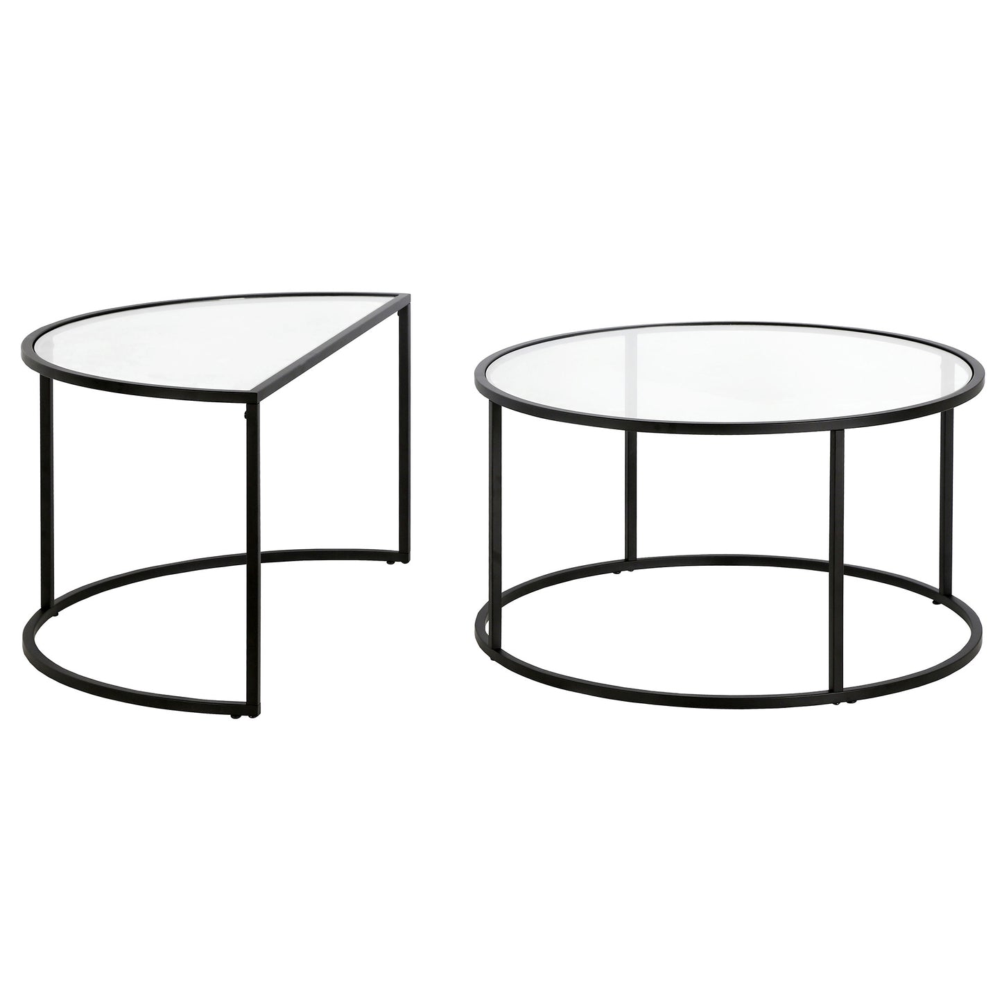 Set of Two 33" Black Glass And Steel Half Circle Nested Coffee Tables