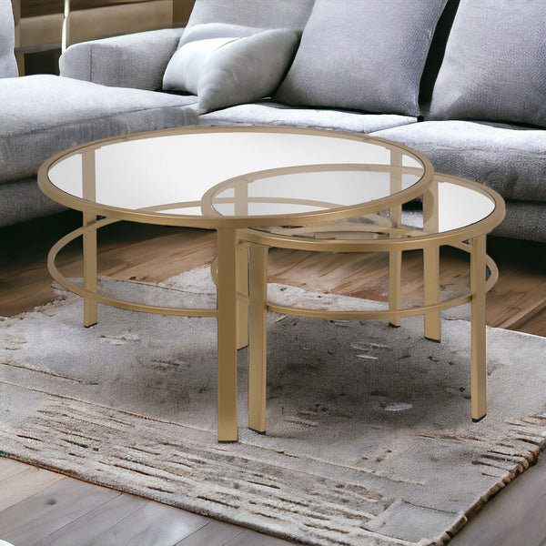 Set of Two 36 Gold Glass And Steel Round Nested Coffee Tables