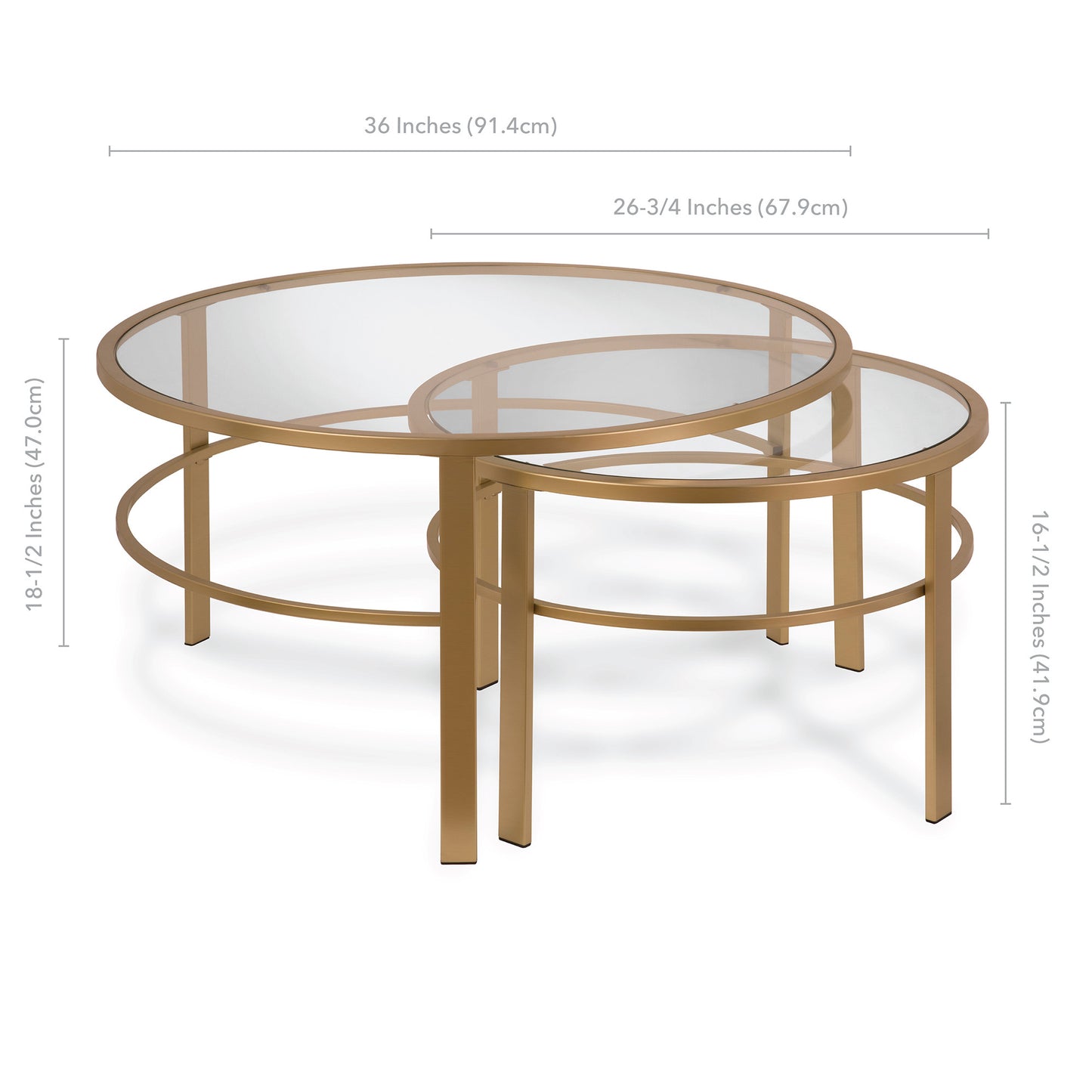 Set of Two 36" Gold Glass And Steel Round Nested Coffee Tables