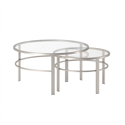 Set of Two 36" Silver Glass And Steel Round Nested Coffee Tables