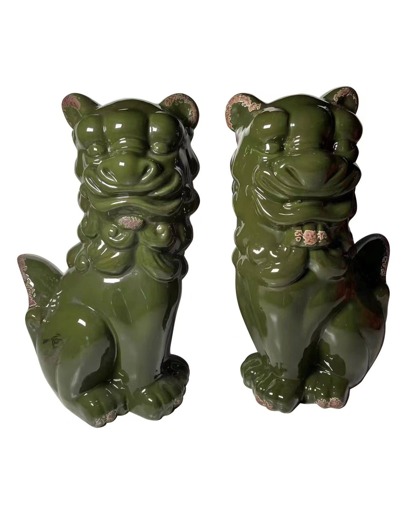 Set of Two Green Ceramic Dog Sculptures