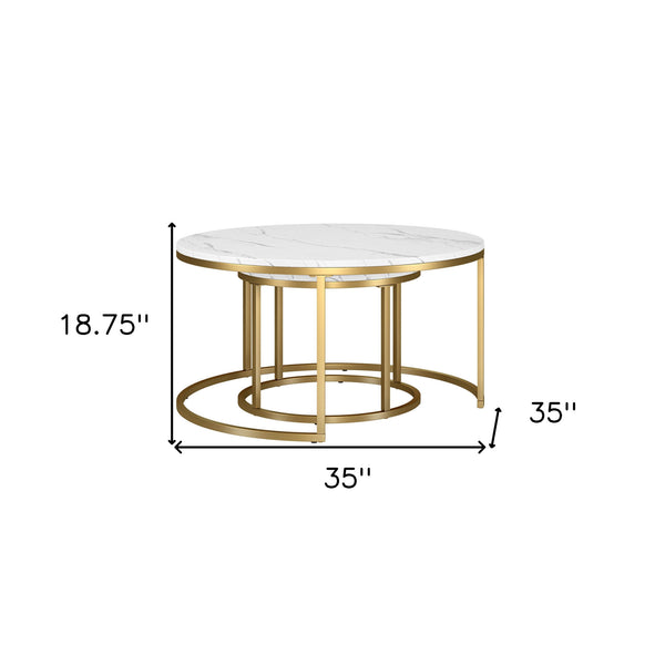 Set of Two 35 White And Gold Faux Marble And Steel Round Nested Coffee Tables