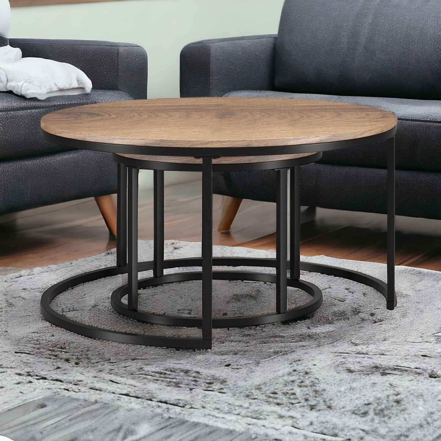 Set of Two 35" Brown And Black Steel Round Nested Coffee Tables