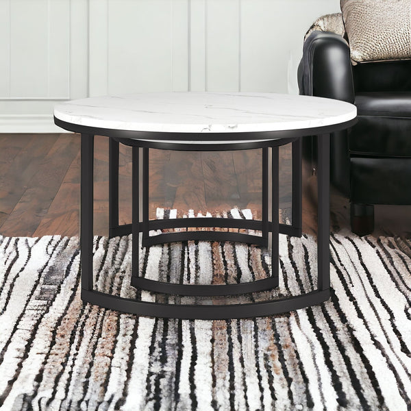 Set of Two 36 White And Black Faux Marble And Steel Round Nested Coffee Tables