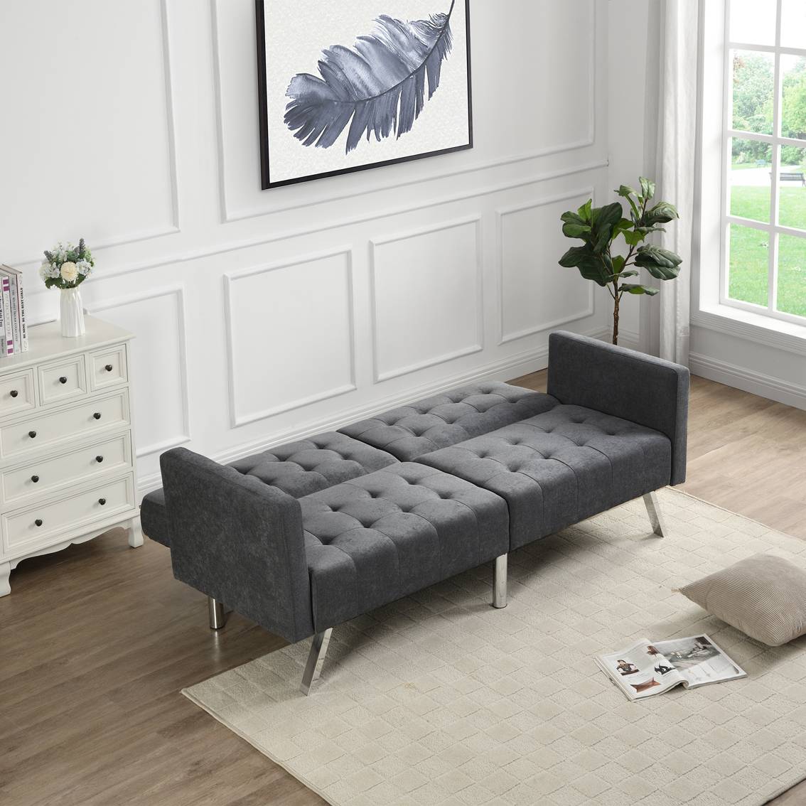 75" Dark Gray Linen Sleeper Sofa With Silver Legs