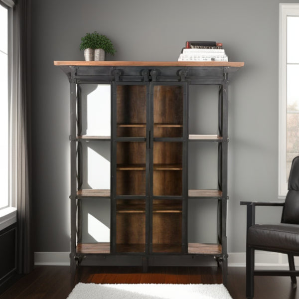 73 Brown Metal and Solid Wood Six Tier Bookcase with Two doors