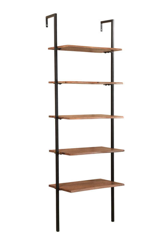 72" Brown Metal and Solid Wood Five Tier Ladder Bookcase