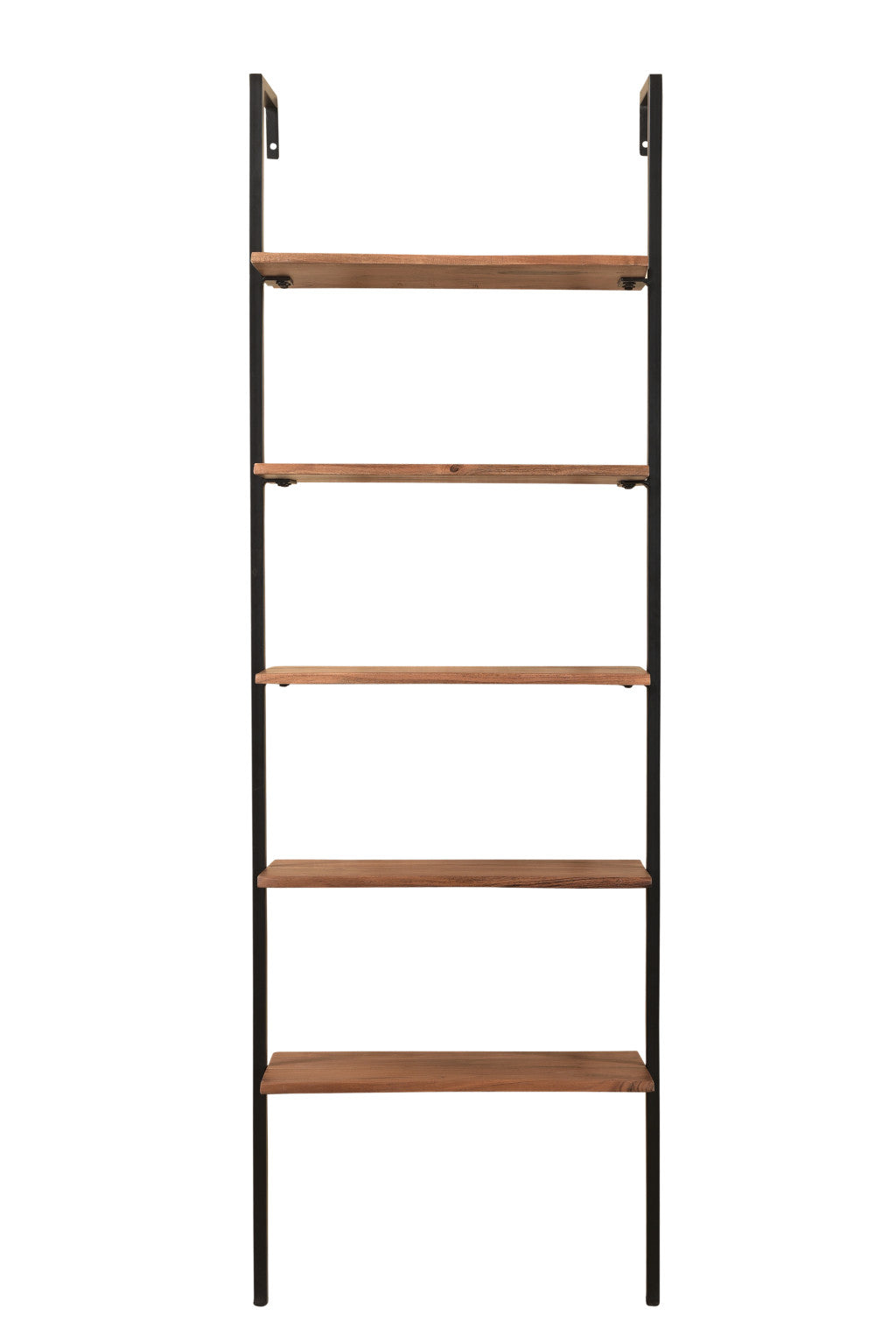 72" Brown Metal and Solid Wood Five Tier Ladder Bookcase