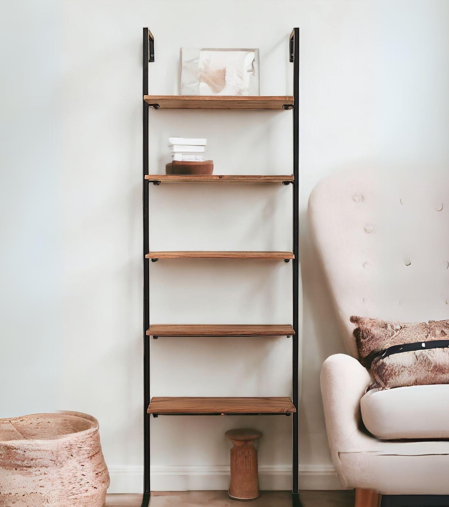 72" Brown Metal and Solid Wood Five Tier Ladder Bookcase