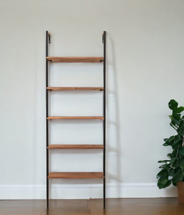 72 Brown Metal and Solid Wood Five Tier Ladder Bookcase