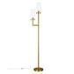 69" Brass Two Light Torchiere Floor Lamp With Clear Transparent Glass Drum Shade