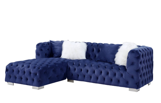 Blue Velvet L Shaped Two Piece Sofa and Chaise Sectional And Toss Pillows