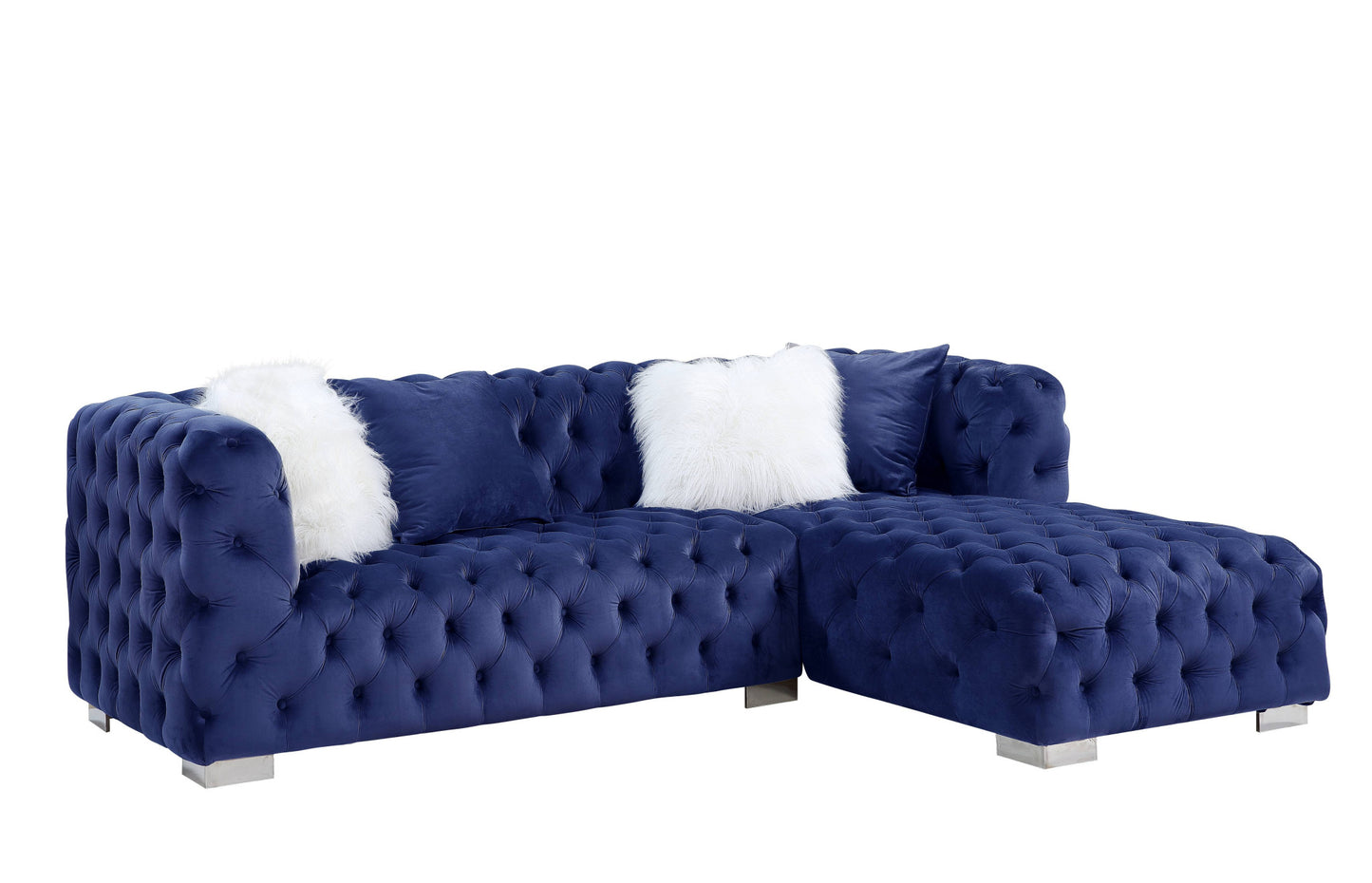 Blue Velvet L Shaped Two Piece Sofa and Chaise Sectional And Toss Pillows