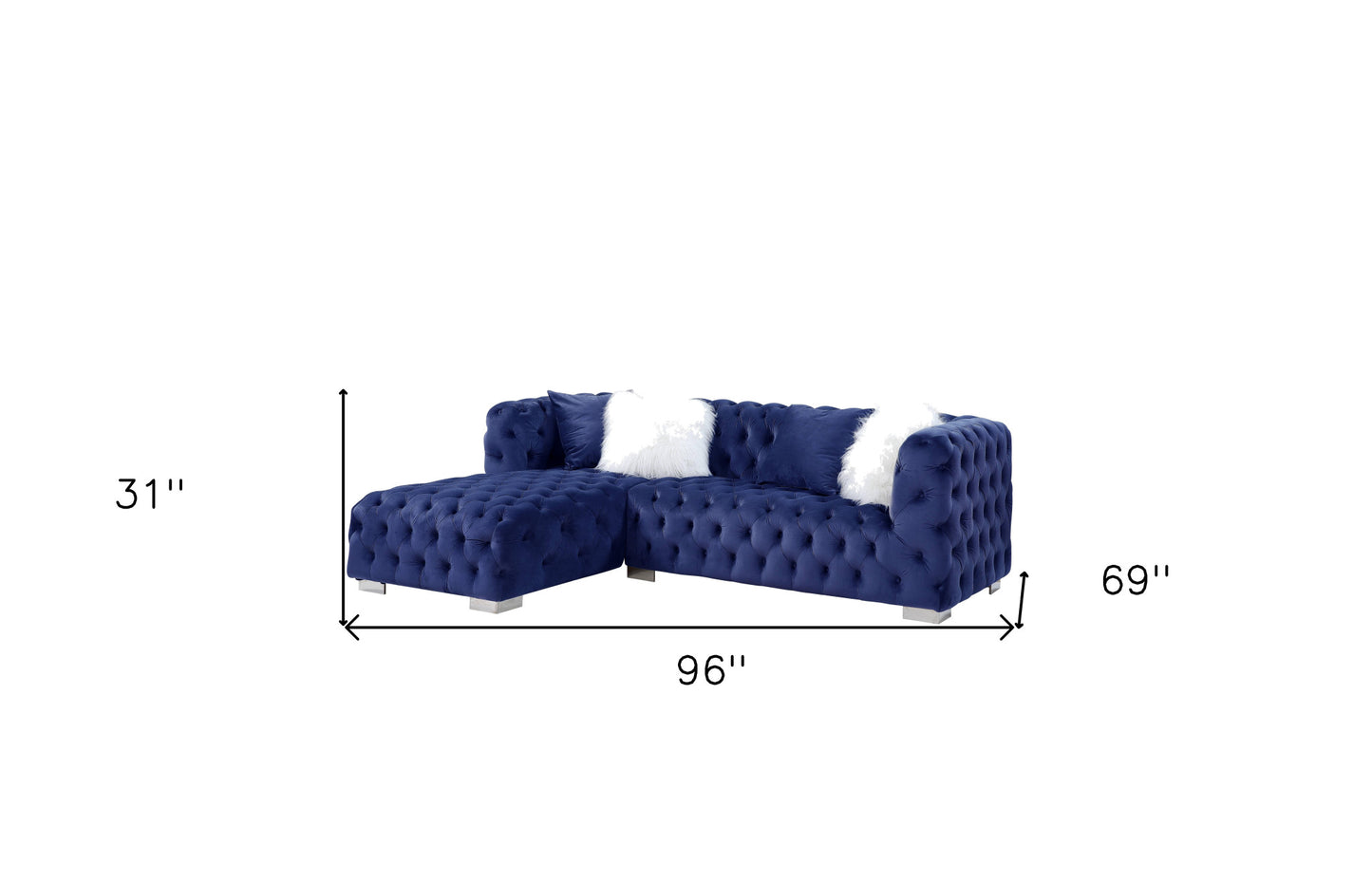 Blue Velvet L Shaped Two Piece Sofa and Chaise Sectional And Toss Pillows