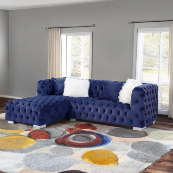 Blue Velvet L Shaped Two Piece Sofa and Chaise Sectional And Toss Pillows