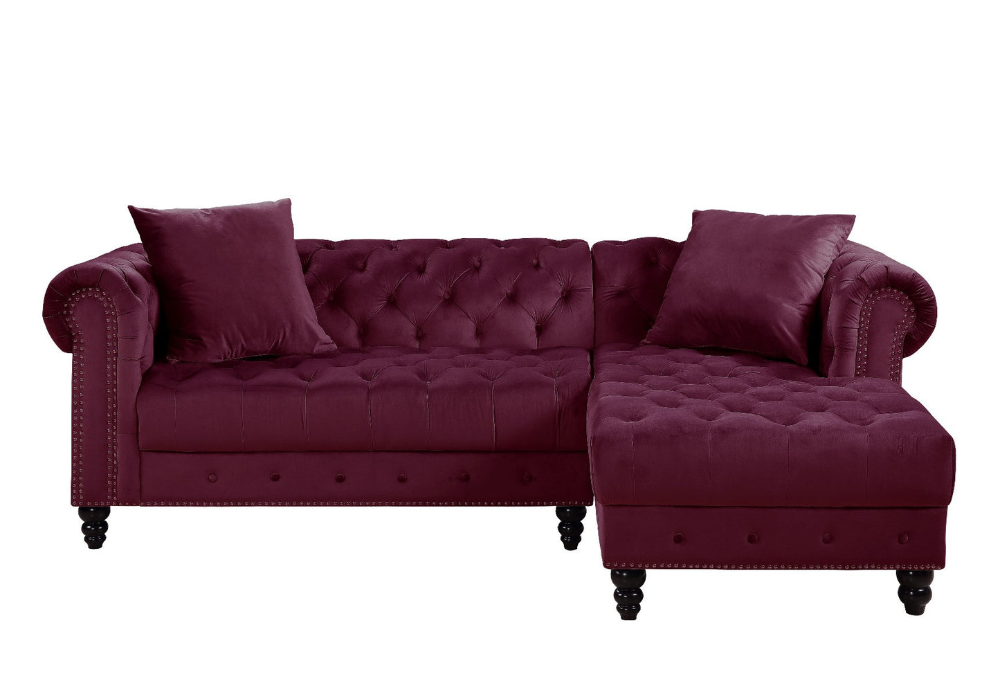 Red Velvet L Shaped Sofa and Chaise Sectional And Toss Pillows