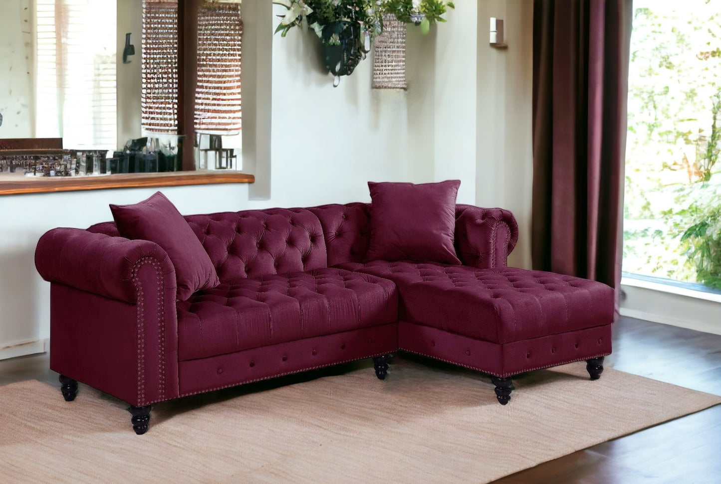 Red Velvet L Shaped Sofa and Chaise Sectional And Toss Pillows