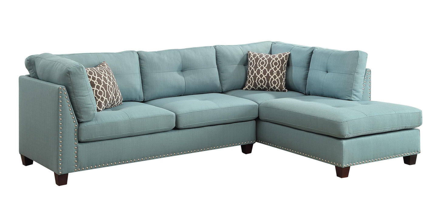 Teal Blue Linen L Shaped Three Piece Sofa and Chaise Sectional And Toss Pillows