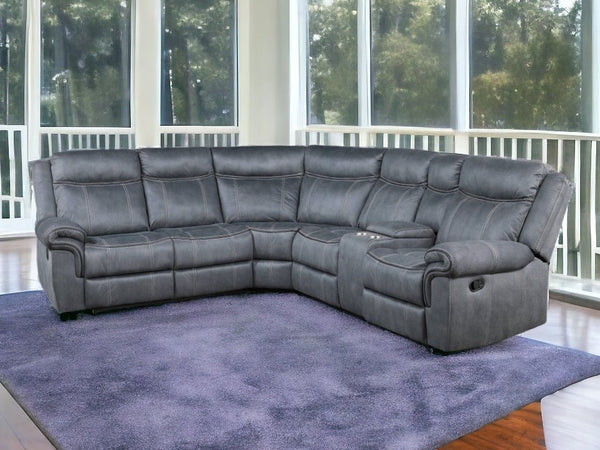 Gray Velvet Reclining L Shaped Six Piece Corner Sectional With Console