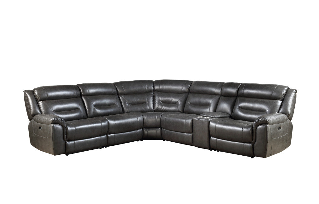 Gray Faux Leather Power Reclining L Shaped Six Piece Corner Sectional With Console