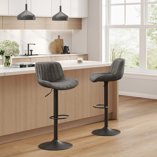 Set of Two 31" Gray And Black Faux Leather And Steel Swivel Low Back Adjustable Height Bar Chairs