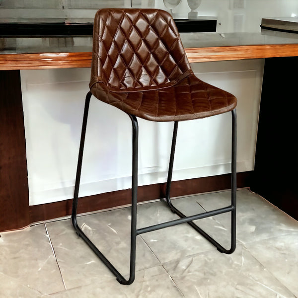 27 Brown And Black Leather And Iron Counter Height Bar Chair