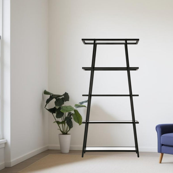 70 Black Metal and Glass Five Tier Etagere Bookcase