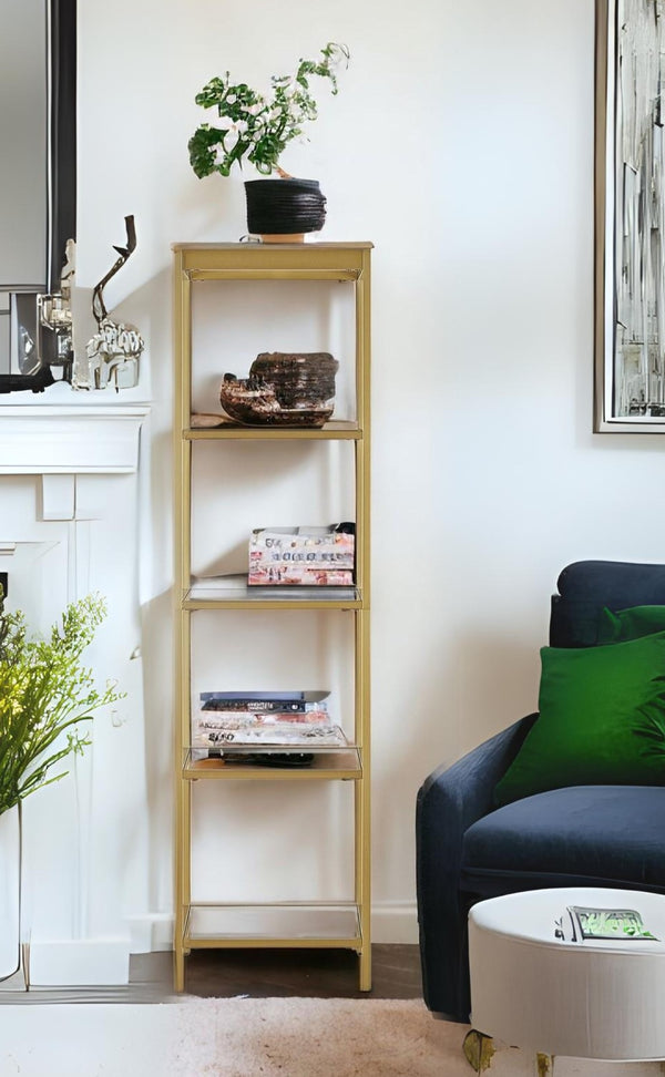 70 Gold Metal and Glass Four Tier Bookcase