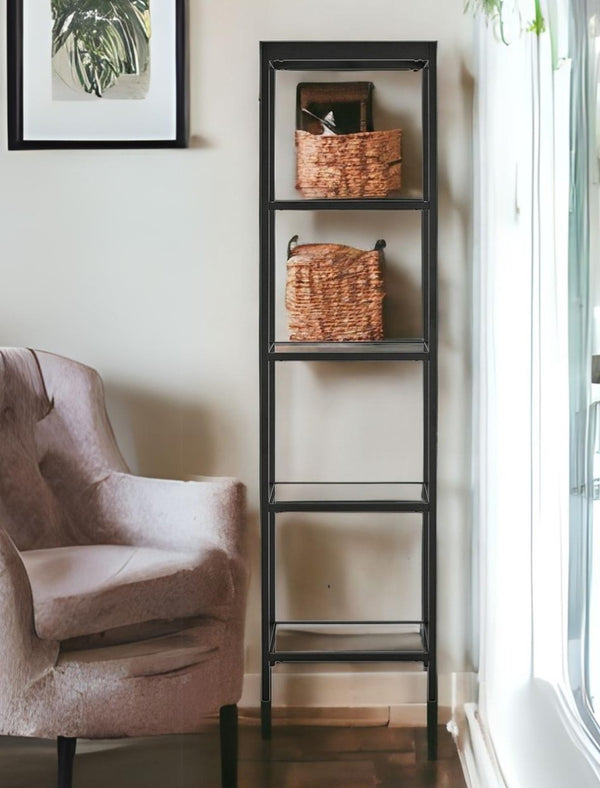 70 Black Metal and Glass Four Tier Bookcase