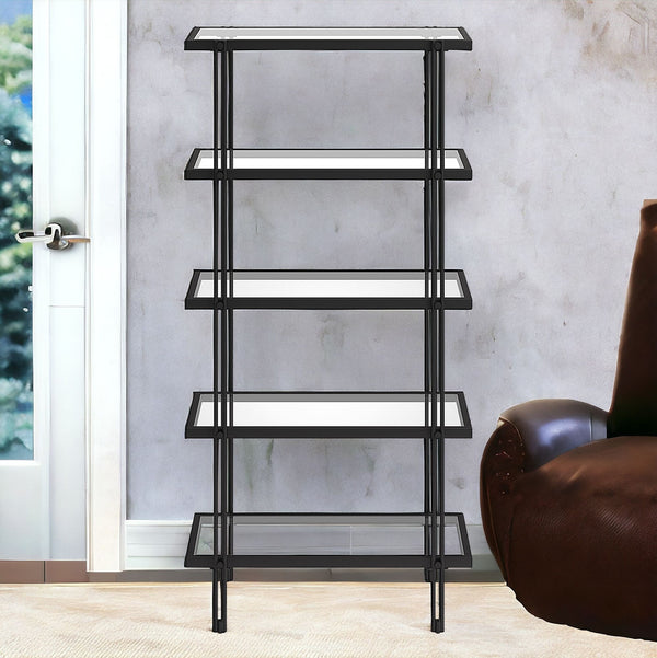 68 Black Metal And Glass Five Tier Standard Bookcase