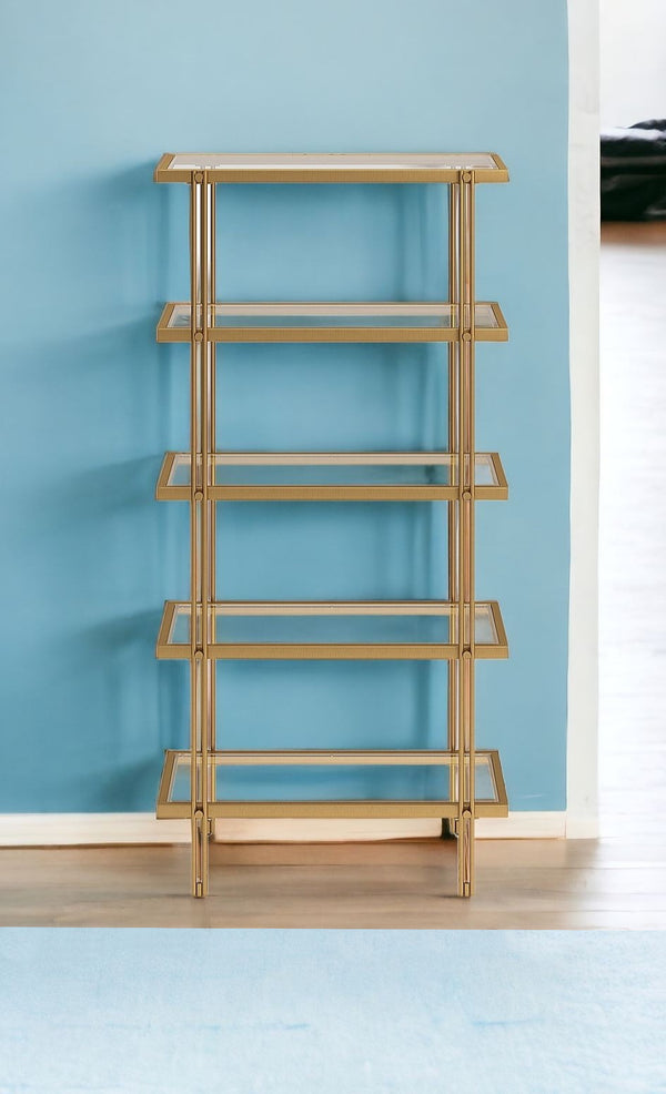 68 Gold Metal And Glass Five Tier Standard Bookcase