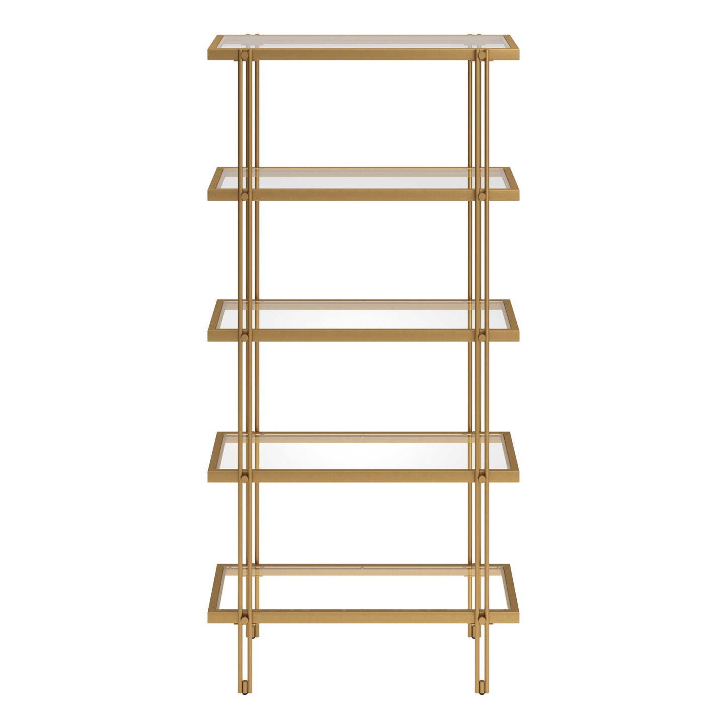 68" Gold Metal And Glass Five Tier Standard Bookcase