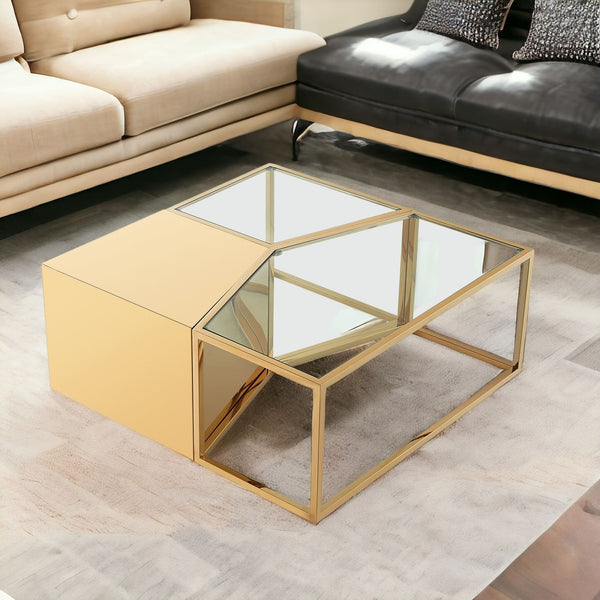 Set of Three 37 Clear And Gold Glass And Stainless Steel Mirrored Bunching Coffee Tables