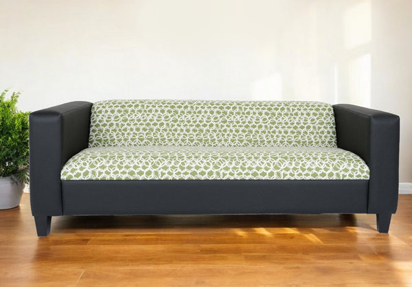 84 Green and White Faux Leather Geometric Sofa With Black Legs