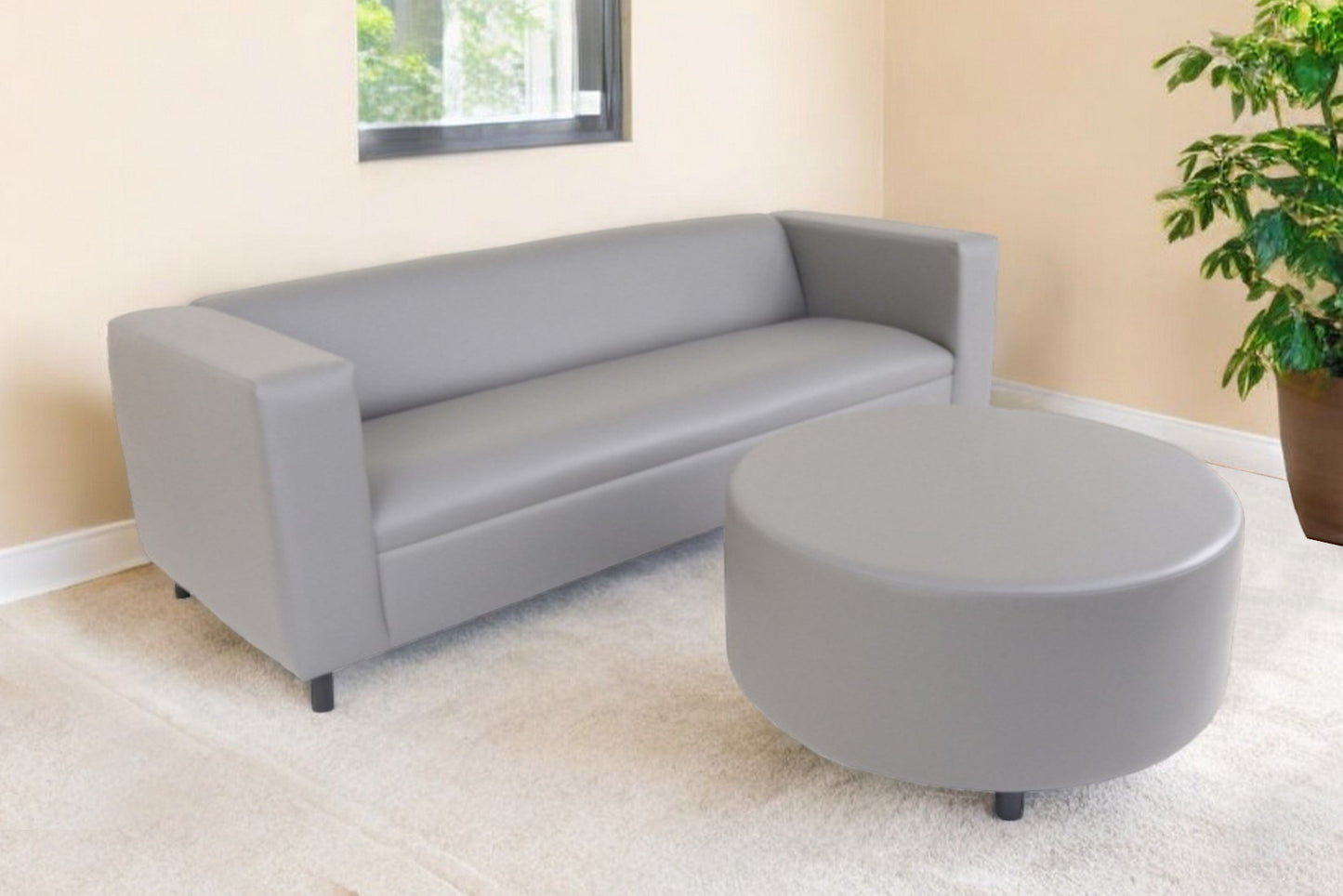 84" Gray Faux Leather Sofa With Ottoman With Black Legs