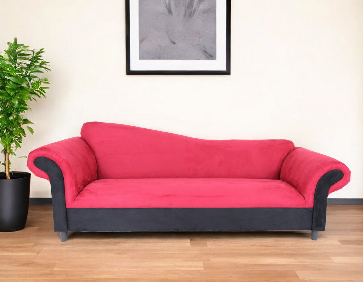 98" Red Velvet Settee With Black Legs