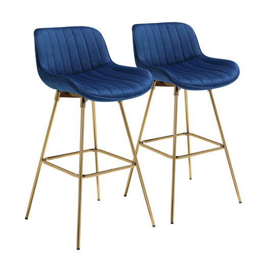 Set of Two 29" Blue And Gold Velvet And Metal Swivel Low Back Bar Height Bar Chairs