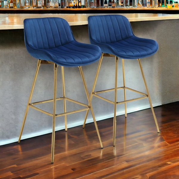 Set of Two 29 Blue And Gold Velvet And Metal Swivel Low Back Bar Height Bar Chairs