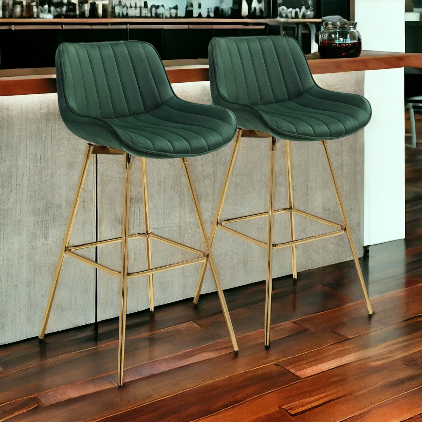 Set of Two 29" Green And Gold Velvet And Metal Swivel Low Back Bar Height Bar Chairs