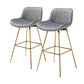 Set of Two 29" Gray And Gold Velvet And Metal Swivel Low Back Bar Height Bar Chairs