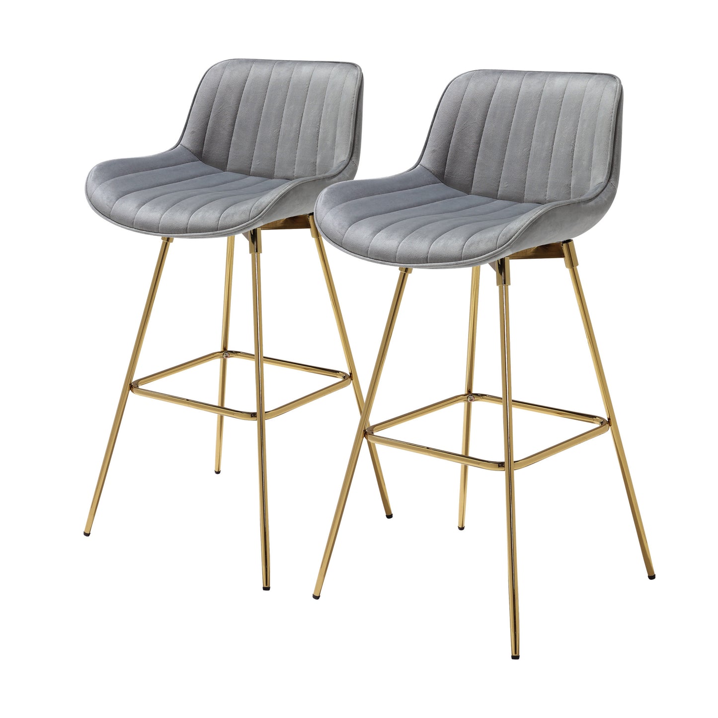 Set of Two 29" Gray And Gold Velvet And Metal Swivel Low Back Bar Height Bar Chairs