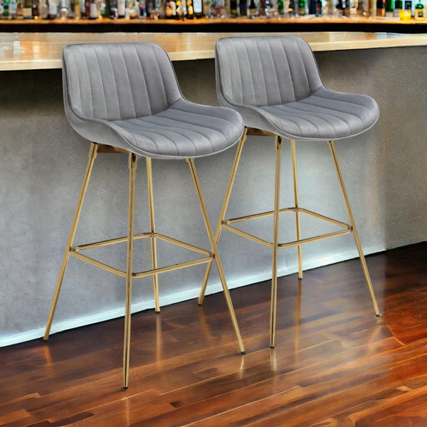 Set of Two 29 Gray And Gold Velvet And Metal Swivel Low Back Bar Height Bar Chairs