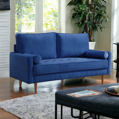 69" Blue Velvet Sofa And Toss Pillows With Dark Brown Legs