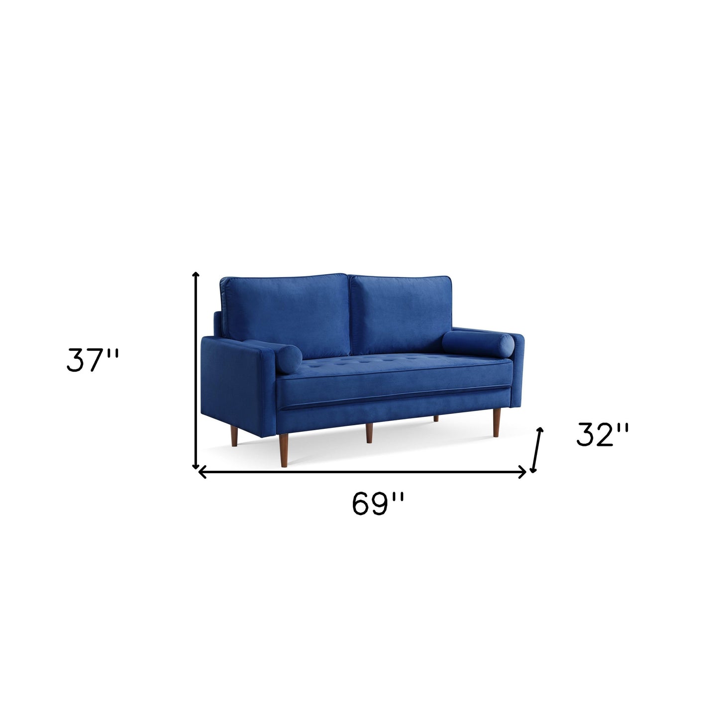 69" Blue Velvet Sofa And Toss Pillows With Dark Brown Legs