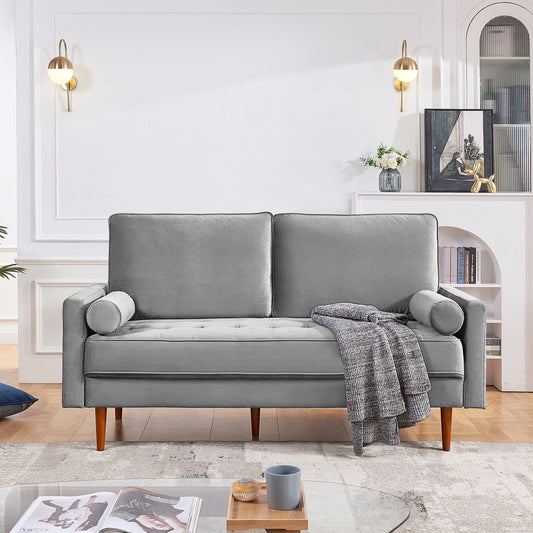 69" Gray Velvet Sofa And Toss Pillows With Dark Brown Legs