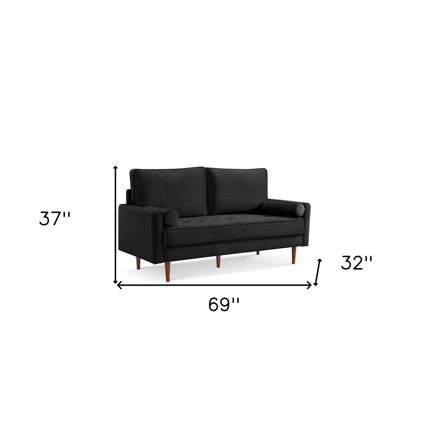 69" Black Velvet Sofa And Toss Pillows With Dark Brown Legs