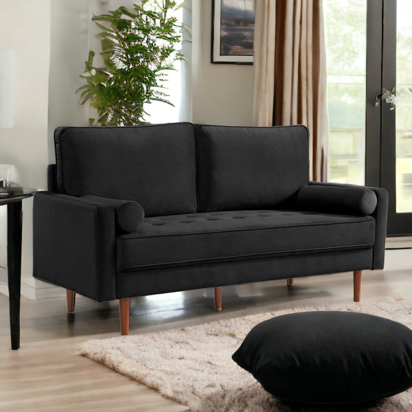 69 Black Velvet Sofa And Toss Pillows With Dark Brown Legs